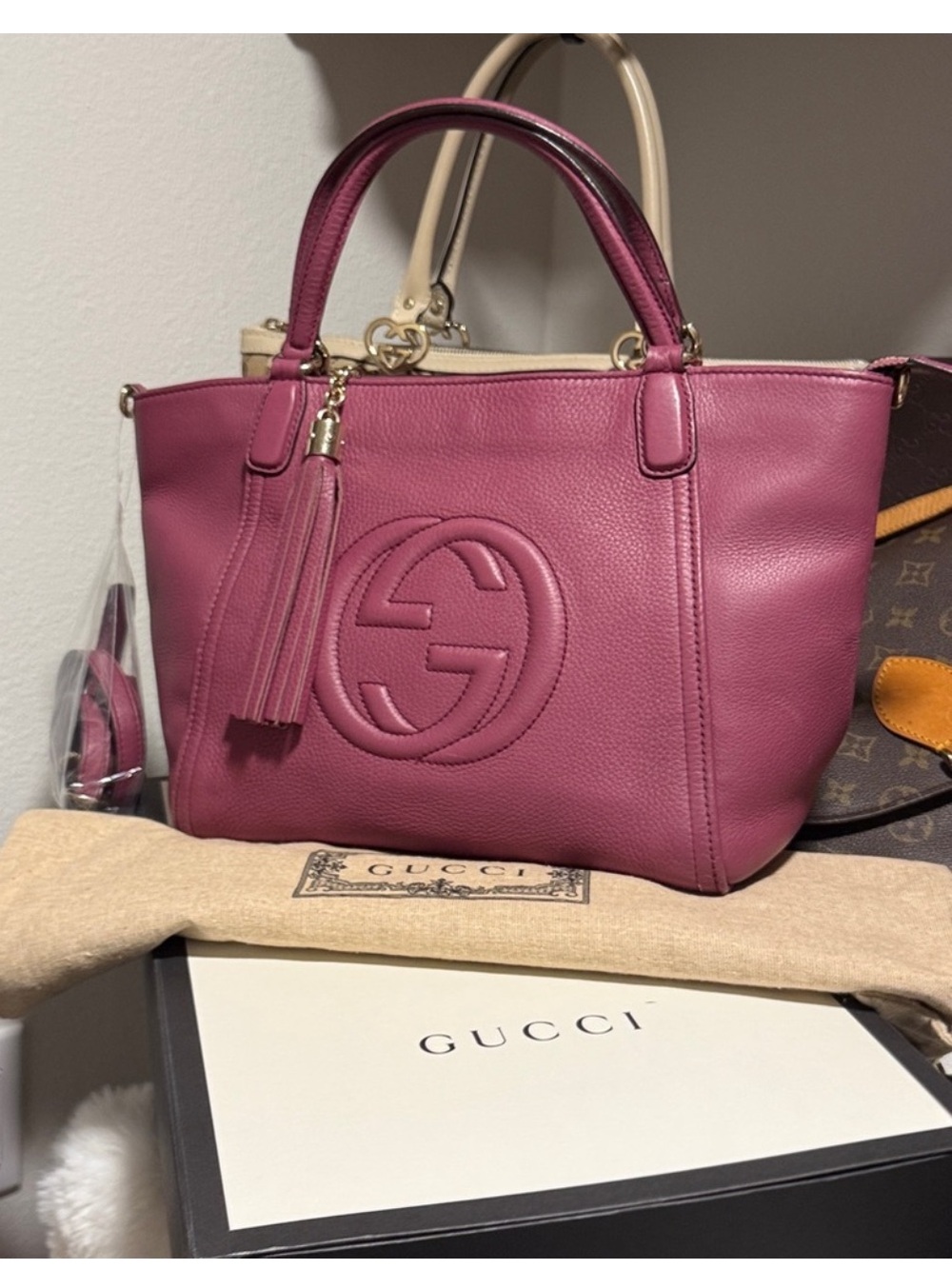 Gucci Rose Leather Tote with Tassel crossbody bag box and dust cover